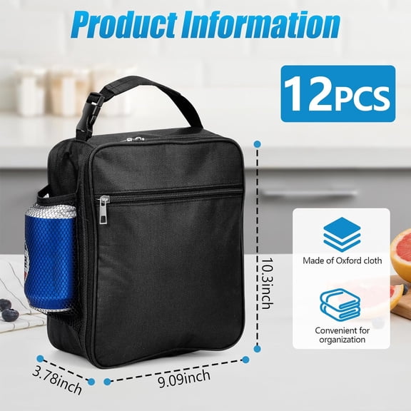 12 Pack Lunch Box Bulk - Reusable Lunch Bag Men Adult Women- Insulated Small LunchBox, Black, Small Lunch Tote Bag for Office,Work,Travel 9.09" x 3.78" x 10.3"