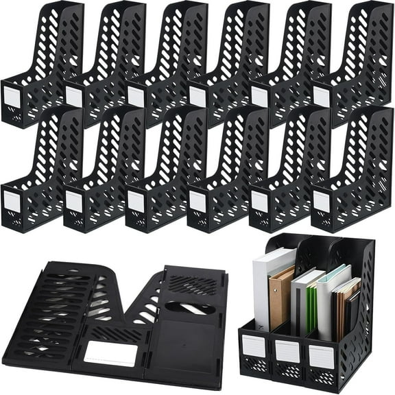 12 Pack Magazine Organizers Binder Organizer for Desk Plastic Vertical File Holder Magazine Racks Desk Accessories for Office, Home, or School (Black)