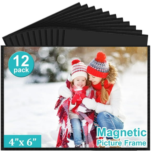 12 Pack Magnetic Photo Frames 4x6 Inch, Reusable Refrigerator Magnets for Pictures with Black Border, Secure Hold for Fridge Displays, Perfect for Artwork Schedules and Memories, Black