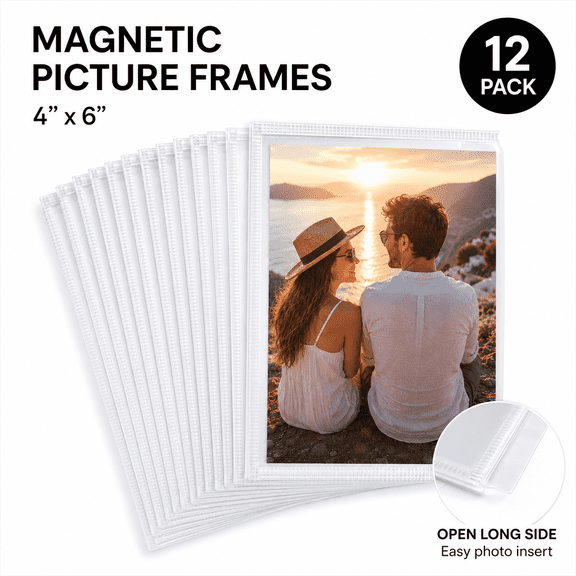 12 Pack Magnetic Picture Frames for Refrigerator, 4 x 6 Inch Reusable Magnetic Photo Frames with White Border, Clear PVC Picture Holders for Fridge, Locker, Office, School, and Home