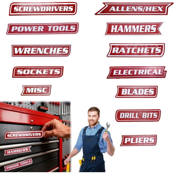 12 Pack of Magnetic Tool Box Labels,3D-Printed Toolbox Labels,Reusable Tags, General Tool Box Organize Accessories for Steel Toolboxes, Carts, Drawers, and Cabinets (Red)