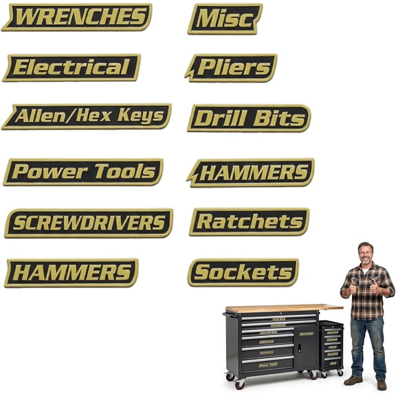 12 Pack Magnetic Tool Box Labels (Yellow) - Magnet Labels for Toolbox Drawer & Tool Chest Organization - General Toolboxes Organize Accessories Reusable Tags for Steel Carts Drawers Cabinets