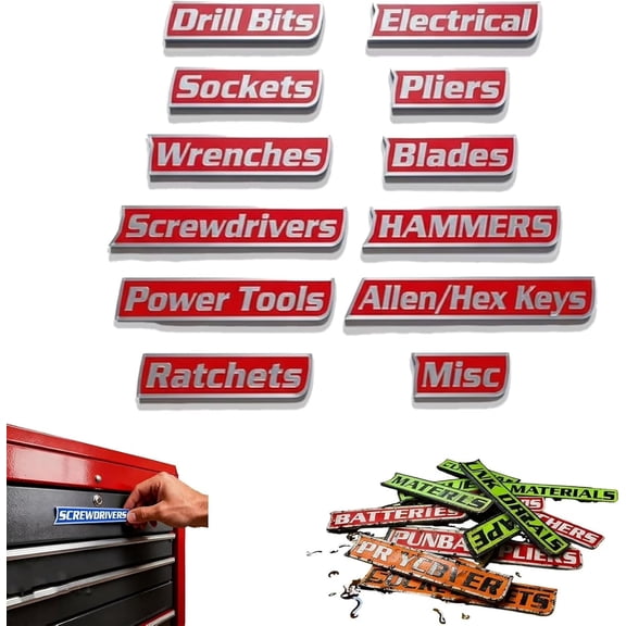 12 Pack Magnetic Tool Boxlabels,3D Printed Reusable Drawer Tags,Durable Metal Drawer Labels,for Garage Storage, Multipurpose Tool Boxs Tags, Easy To Stick and Remove