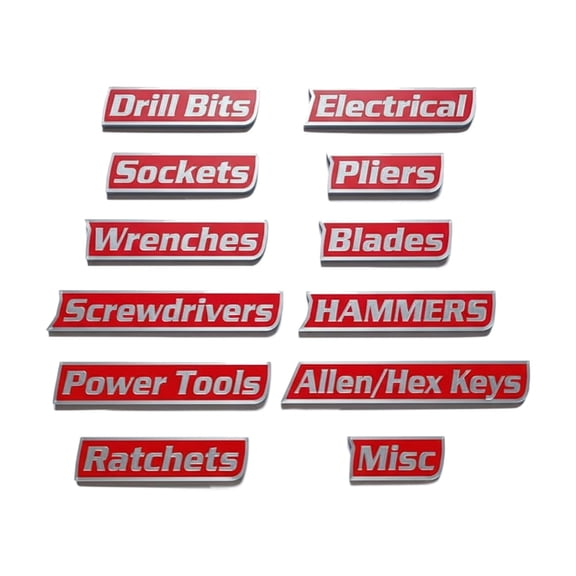 12 Pack of Toolbox Labels,3D Metal Tool Box Organizer Tags,Steel Badge Plates for Chest Drawer Cabinets; Oil-Resistant Washable Mechanical Accessories