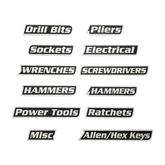 12 Pack Toolbox Labels,3D Printed Organization Stickers, Reusable Labels for Steel Toolboxes, Carts, Drawers & Cabinets