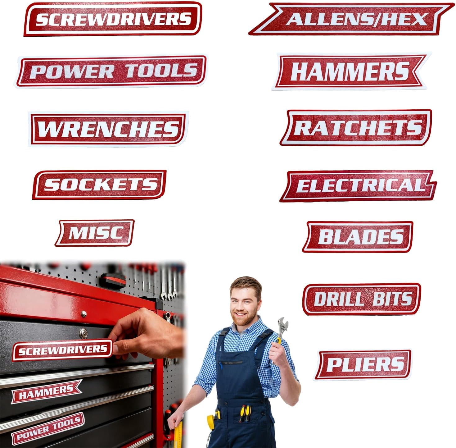 Construction Tools Label 12-Pack Magnetic Toolbox Labels, 3D Printed Reusable Organizer Tags for ...