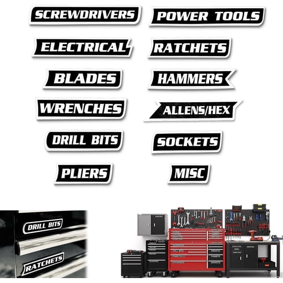 12 Pack of Magnetic Toolbox Labels, 3D-Printed Tool Box Labels, General & Reusable Tool Box Organize Accessories for Steel Toolboxes, Carts, Drawers, and Cabinets