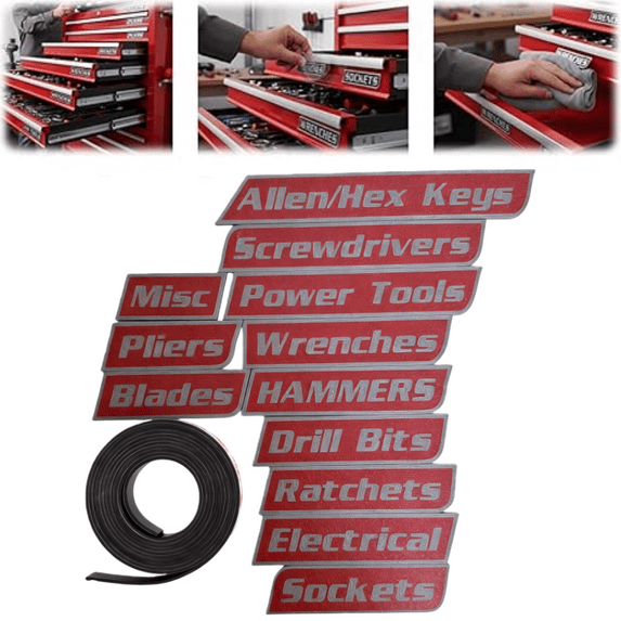 12 Pack of Magnetic Toolbox Labels, 3D-Printed Tool Box Labels, General Tool Box Organize Accessories, Reusable Tags for Steel Toolboxes, Carts, Drawers, and Cabinets(Red)