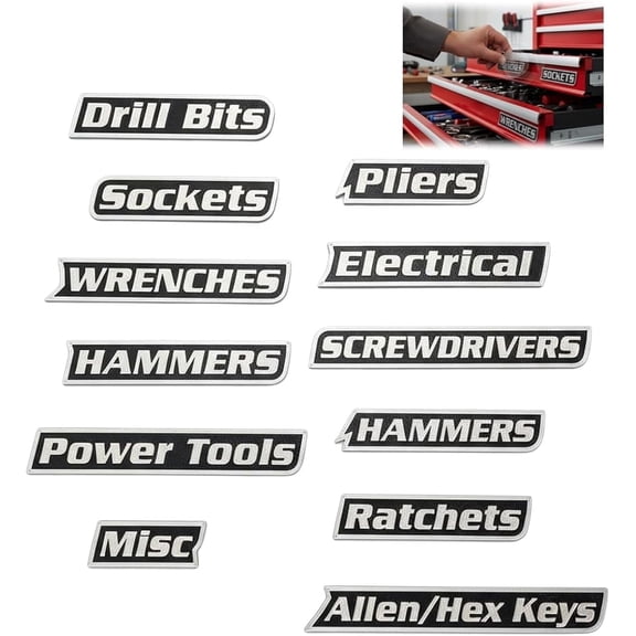 12 Pack Magnetic Toolbox Labels, 3D Printed Reusable Tool Box Organizer Tags for Steel Toolboxes, Drawers, Cabinets and Utility Carts