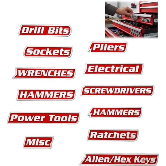 12 Pack Magnetic Toolbox Labels, 3D Printed Reusable Tool Box Organizer Tags for Steel Toolboxes, Drawers, Cabinets and Utility Carts