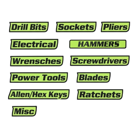 12 Pack of Toolbox Labels, Durable 3D-Printed Metal Tool Box Drawer Tags, Reusable Strong Organizer Labels, for Toolboxes, Carts, Drawers, and Cabinets