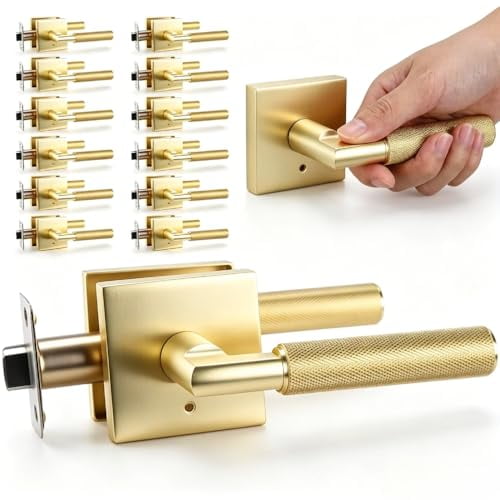 12 Pack Matte Gold Privacy Door Handles, Keyless Square Knurled Lever Lock, Reversible Left/Right Hand Doorknob for Bedroom & Bathroom Interior Doors