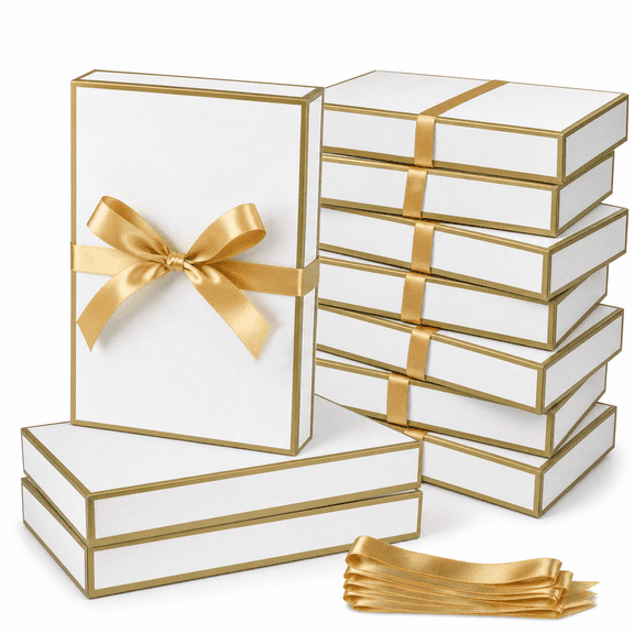 DECHISY 12 Pack White Gift Boxes with Gold Ribbon, 14.5x9.5x2 Shirt Boxes with Lids, Clothes Boxes for Gifts, Dress Shirts, Ties, Scarves, Birthday, Christmas, Wedding, DIY Customizable