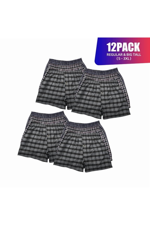 12 Pack Men's 100% Cotton Boxer Shorts Premium Cotton Random Mixed Color Pack Woven Relaxed Fit Underwear Elastic Waist Button Fly Pouch Menswear