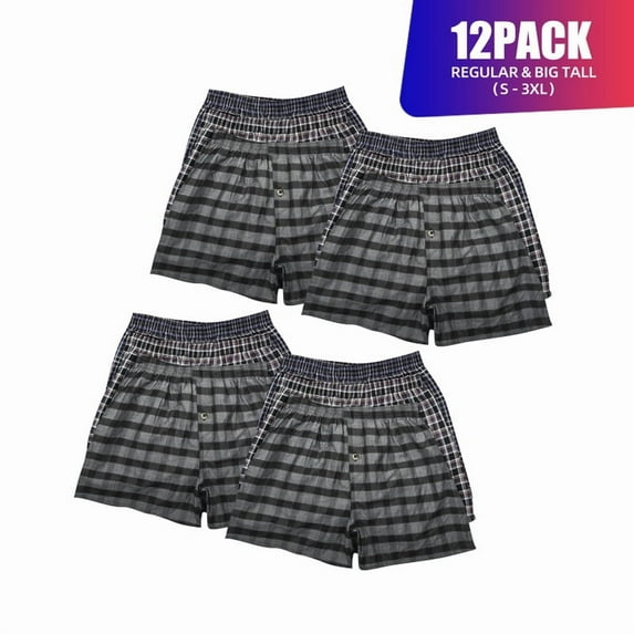 12 Pack Men's 100% Cotton Boxer Shorts Premium Cotton Random Mixed Color Pack Woven Relaxed Fit Underwear Elastic Waist Button Fly Pouch Menswear