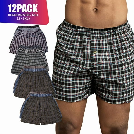12 Pack Men's 100% Cotton Boxer Shorts Premium Cotton Random Mixed Color Pack Woven Relaxed Fit Underwear Elastic Waist Button Fly Pouch Menswear