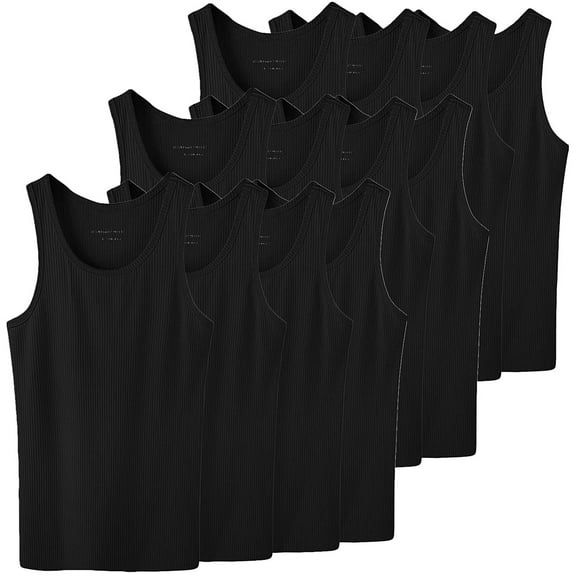 12 Pack Men's 100% Cotton Ribbed Plain Tank Tops Athletic A-Shirts Undershirts Black Size:Large