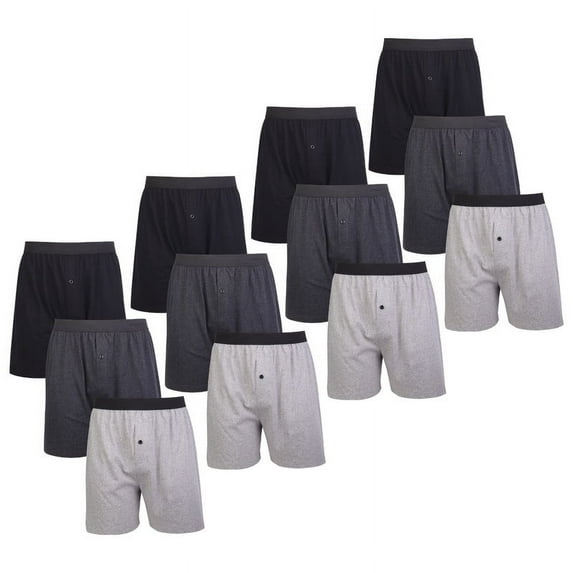 12 Pack Men's Boxer Brief Cotton Loose Fit Solid Color Boxers for Men Soft Breathable Plain Underwear with Button Fly Pouch Elastic Waist Menswear