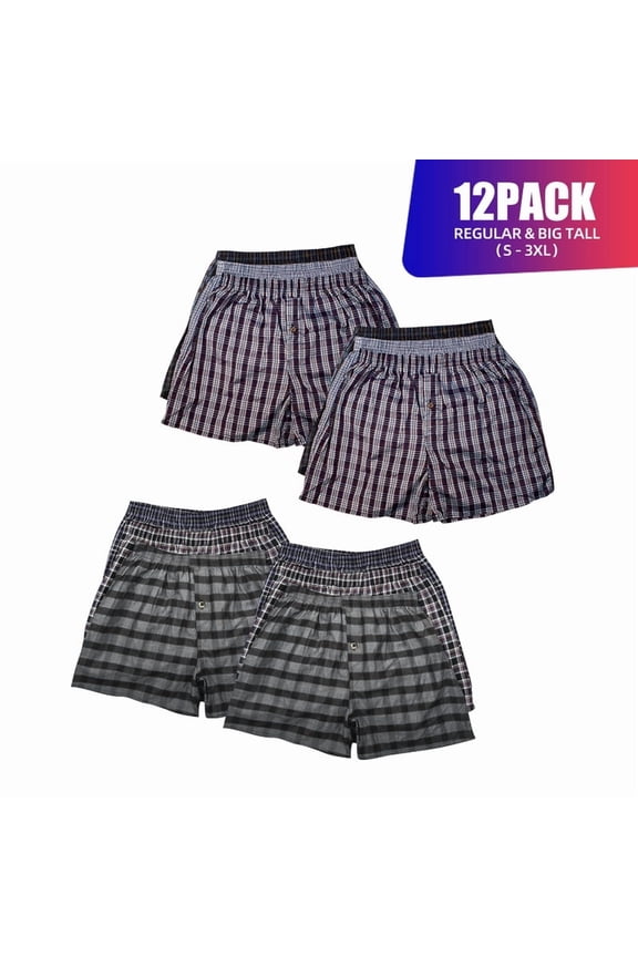 12 Pack Men's Cotton Blend Boxer Shorts Random Mixed Color Pack Woven Relaxed Fit Boxers for Men Soft Breathable Mens Underwear with Button Fly Pouch Elastic Waist Comfortable Fabric Menswear