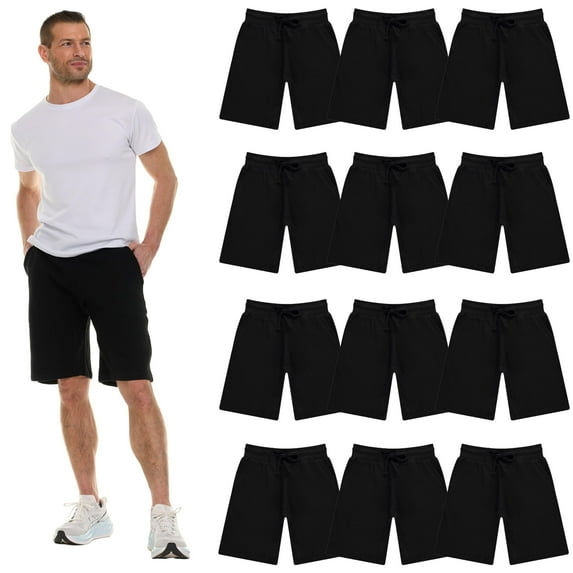 12 Pack Mens Fleece Lined Cotton Shorts, 11 Inch Casual Comfy Lounge Shorts, Wholesale Bulk Multipack for Donations, Charities, and Shelters (Black, 3X-Large)