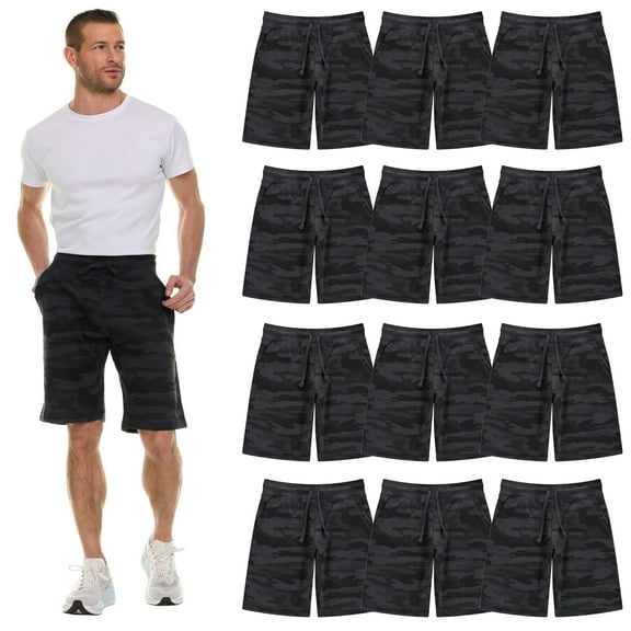 12 Pack Mens Fleece Lined Cotton Shorts, 11 Inch Casual Comfy Lounge Shorts, Wholesale Bulk Multipack for Donations, Charities, and Shelters (Black Camo, X-Large)