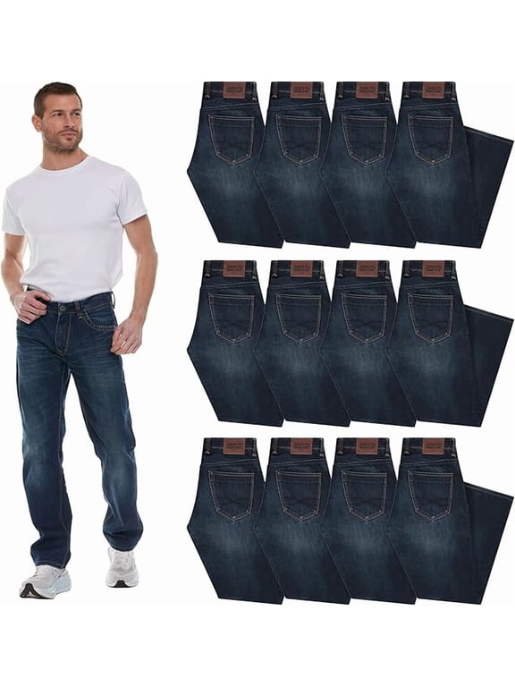 12 Pack Mens Wholesale Jeans Pants, Classic Fit Relaxed Bulk Denim for Men, Assorted Sized Packs, Donation Homeless