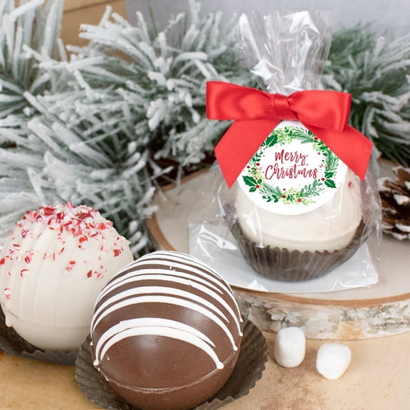 12 Pack Merry Christmas Hot Chocolate Bomb Favors - Wreath (Milk Chocolate With Mini Marshmallows)