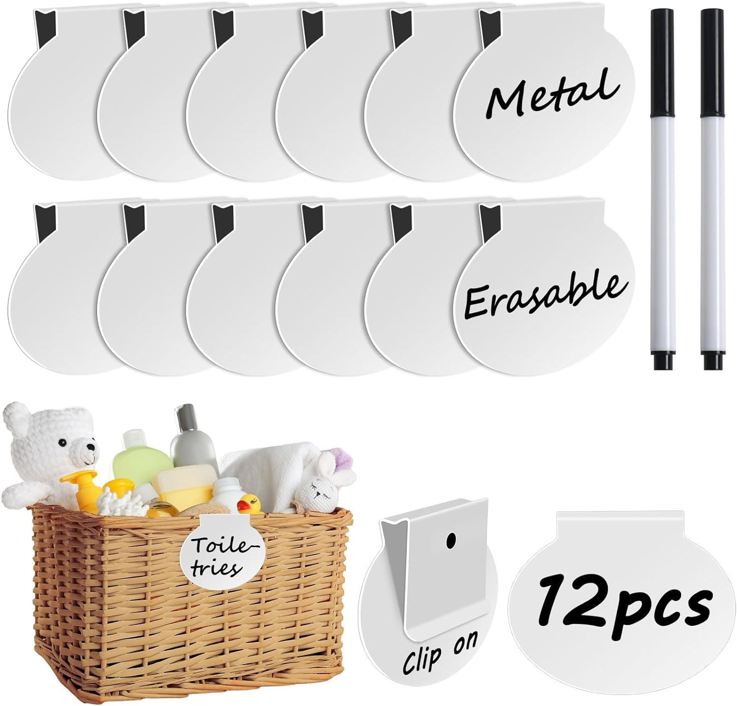 12 Pack Metal Basket Labels Clip On for Storage Bins, Basket Tags White Bin Tags, Removable Pantry Fabric Closet Box Container Holders Hanging Drawer Labels with Chalk Markers