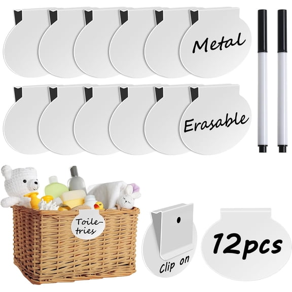 12 Pack Metal Basket Labels Clip On for Storage Bins, Basket Tags White Bin Tags, Removable Pantry Fabric Closet Box Container Holders Hanging Drawer Labels with Chalk Markers