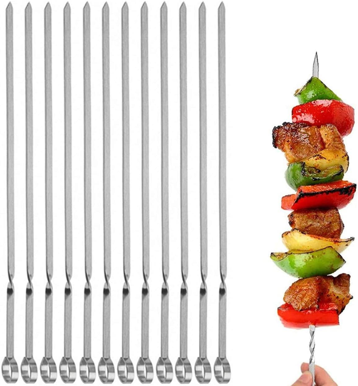 12 Pack Metal Skewers for Kabobs Skewers Flat Metal BBQ Barbecue Skewers 16" Long Hook Style Stainless Steel Shish Kebob Sticks Wide Sharp Reusable Grilling Skewers Set