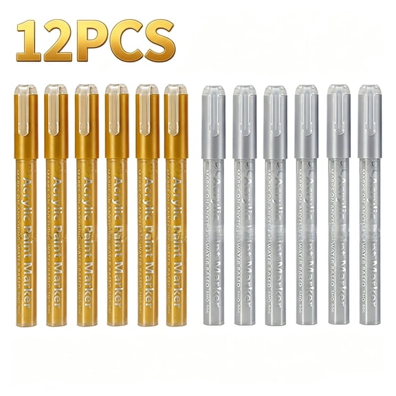 12 Pack Metallic Acrylic Paint Marker Pens, 6 Gold & 6 Silver Water-Based Pigment Markers, Quick Dry Fine Point Pens for Scrapbooking, Card Making, Glass, Wood, Pottery & Dark Paper