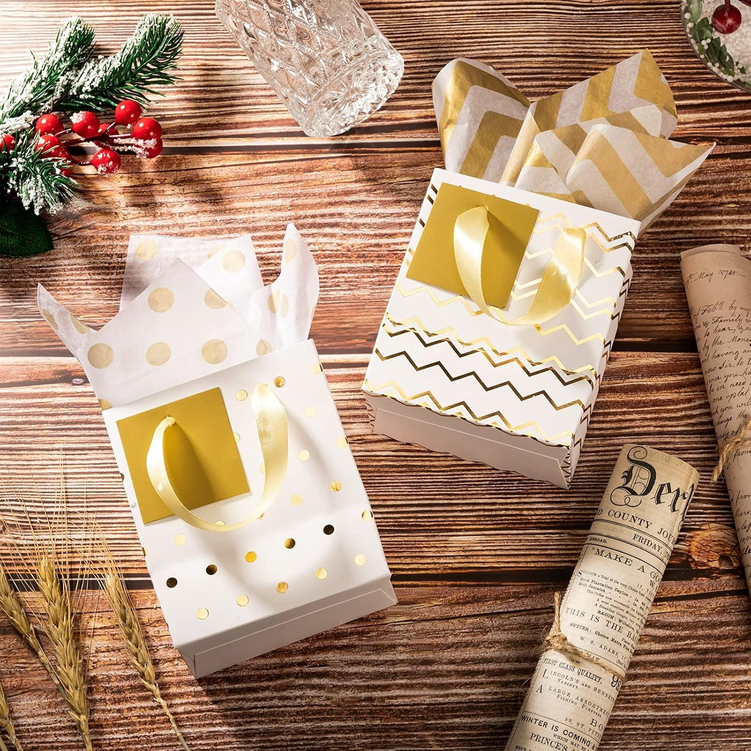 12 Pack Metallic Gift Bags with Tissue Paper for Birthday Wedding Party Wrapping
