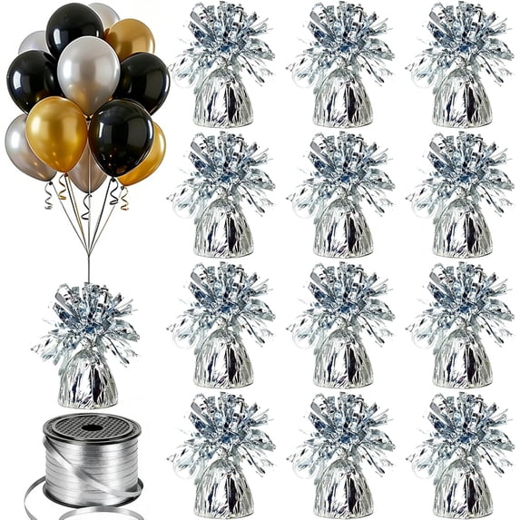 Standing Party Table 12 Pack Metallic Silver Balloon Weights Anchors with 1 Roll Ribbon ...