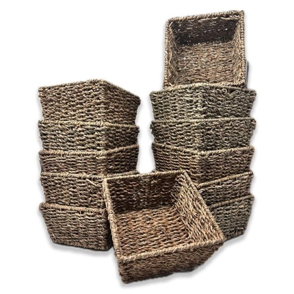 12 Pack Michaela Small Handmade Handwoven Seagrass Square Utility Baskets – 6" Bulk Supply Set for Desk Organization, Pantry Storage, Snacks, Accessories