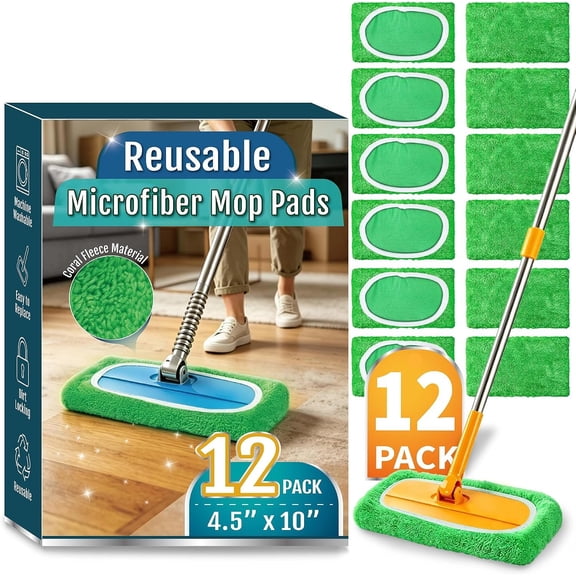 12 Pack Microfiber Mop Pads Compatible with Sweeper | Washable Wet Dry Mop Refills, Machine Washable Sweeping Cloths for Sealed Hardwood, Laminate, Tile and Stone Floors, Green