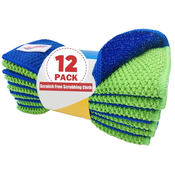 12-Pack Reusable, Scrub Dish Cloth –Non-Scratch Microfiber Scrubber, Planet-Friendly, Easy Rinsing, Quick Dry, Dishwasher Safe Cloth for Kitchen & Household, 6 x 6 Inch, Blue & Green Assorted