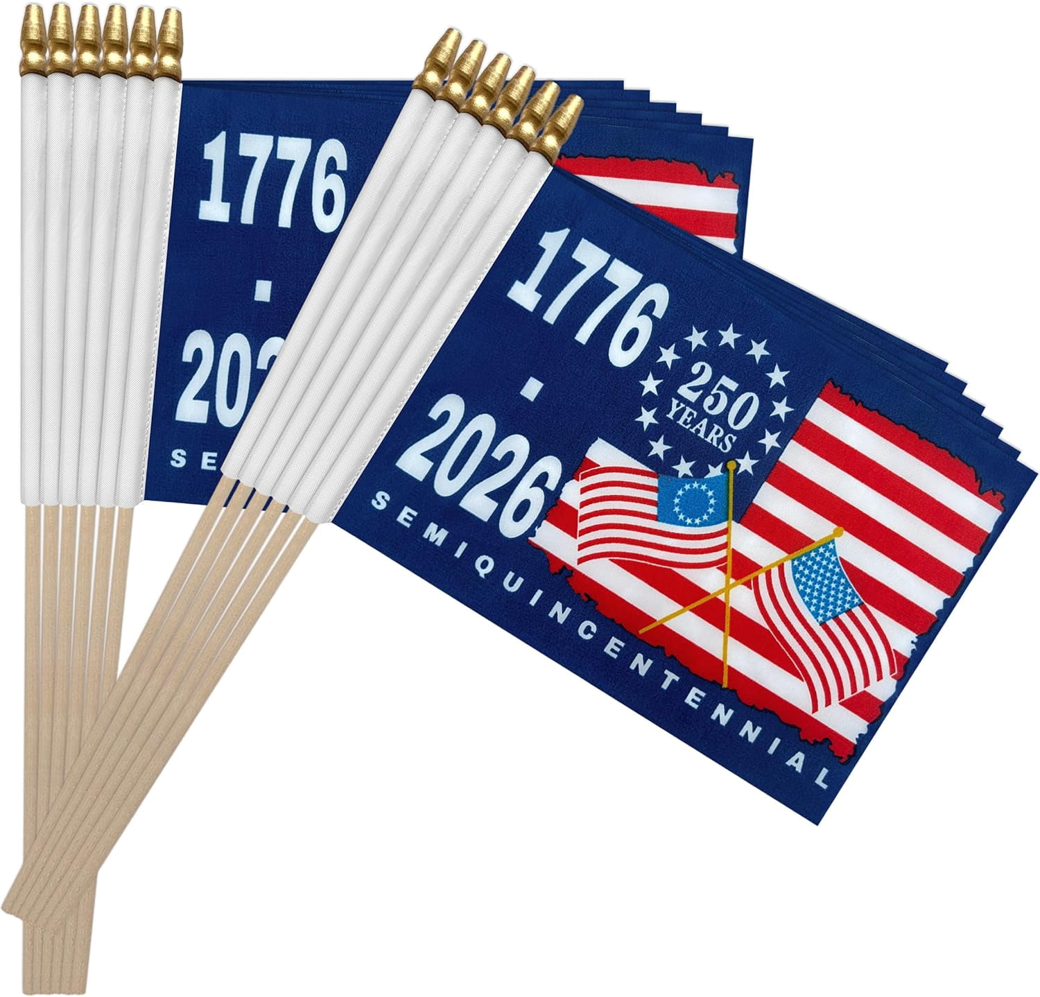 12 Pack Mini American Flags On Stick, 5 x 8 Inch Handheld USA Patriotic 250th Anniversary Flags, 1776-2026 For 4th Of July Outdoor Decor,