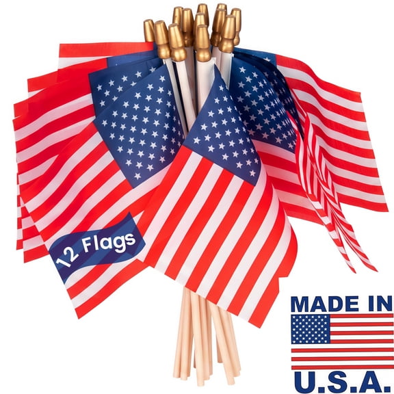 12 Pack Mini American Flags on Wooden Sticks, 4x6 Inch Handheld USA Stick Flags Fade-Resistant Polyester for Memorial Day, Cemetery Visits, Garden Planters & Parade Waving