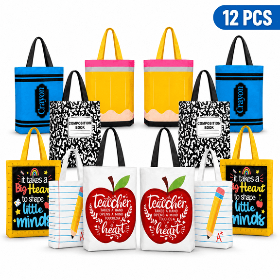 12 Pack Mini Canvas Tote Bags, Reusable Stationery Pattern Gift Bags for Office Appreciation & Daily Use