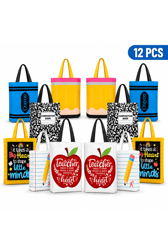 12 Pack Mini Canvas Tote Bags, Reusable Stationery Pattern Gift Bags for Office Appreciation & Daily Use