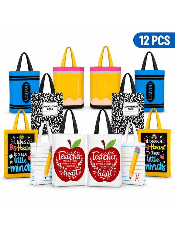 12 Pack Mini Canvas Tote Bags, Reusable Stationery Pattern Gift Bags for Office Appreciation & Daily Use