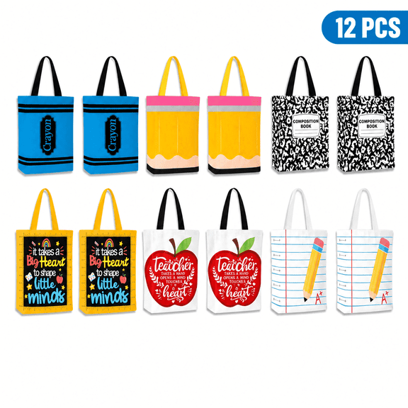 12 Pack Mini Canvas Tote Bags, Reusable Stationery Pattern Gift Bags for Office Appreciation & Daily Use