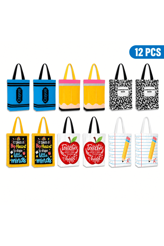 12 Pack Mini Canvas Tote Bags, Reusable Stationery Pattern Gift Bags for Office Appreciation & Daily Use
