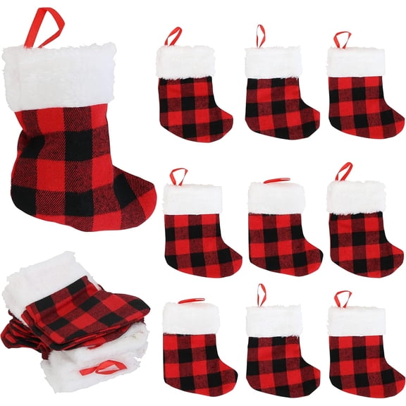 12-Pack Mini Christmas Stockings, 6-Inch, Red Buffalo Plaid Decoration Ornament