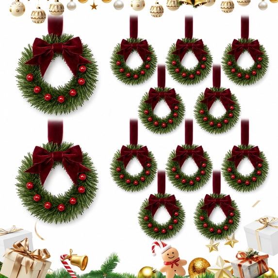 12-Pack Mini Christmas Wreaths, 10 Inch Small Wreath Set - Bow, Berries ...