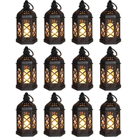 12-Pack Mini Lanterns, Small Candle Lanterns Decorative, Black Tea Light Lantern, Ramadan Eid Decor, Table Centerpiece for Wedding Halloween Christmas, Easter Decorations, Battery Included Black-12P