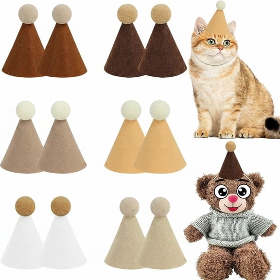 12 Pack Mini Party Hats for Stuffed Animals, Brown Mini Hats with Pom Poms for Dolls Dog Birthday Party Hats for Dog Cat Pet Birthday Decoration Boho Autumn DesignDecorations