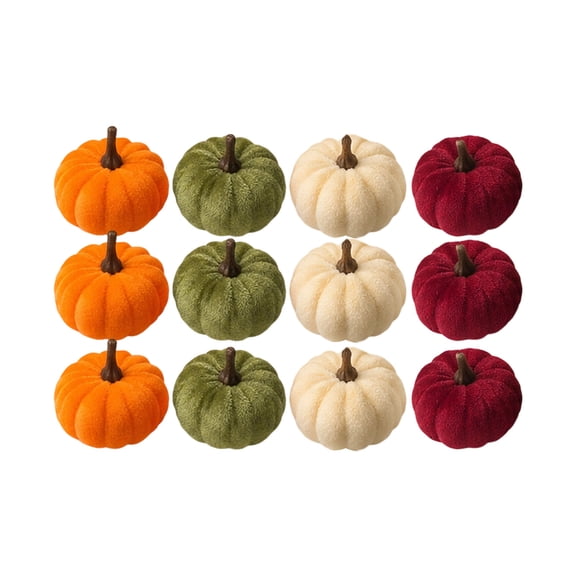 12-Pack Mini Velvet Pumpkin Ornaments for Fall and Thanksgiving Decor, Orange, Olive, Ivory and Burgundy