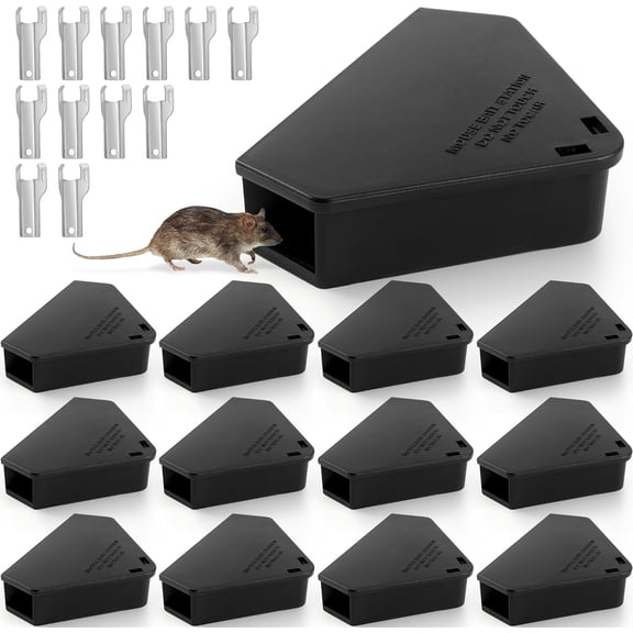 12 Pack Mouse Bait Station with Keys - Outdoor Refillable Reusable Mice Small Rats Poisoning Box for Indoor Kitchen Garage, Safe Kids and Pets