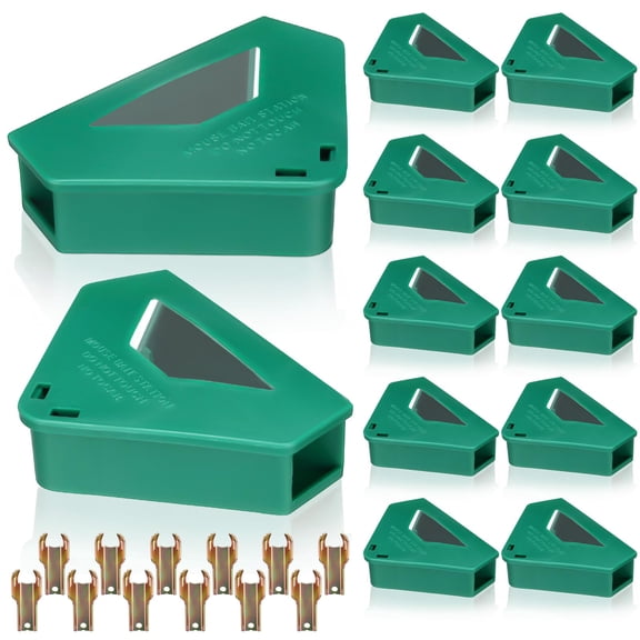 12 Pack Mouse Bait Stations with Visible Window & Keys, Lockable Rodent Control Boxes Triangular Mice Traps Box for Indoor Outdoor Corners Garage Kitchen, Bait Not Included (Green)